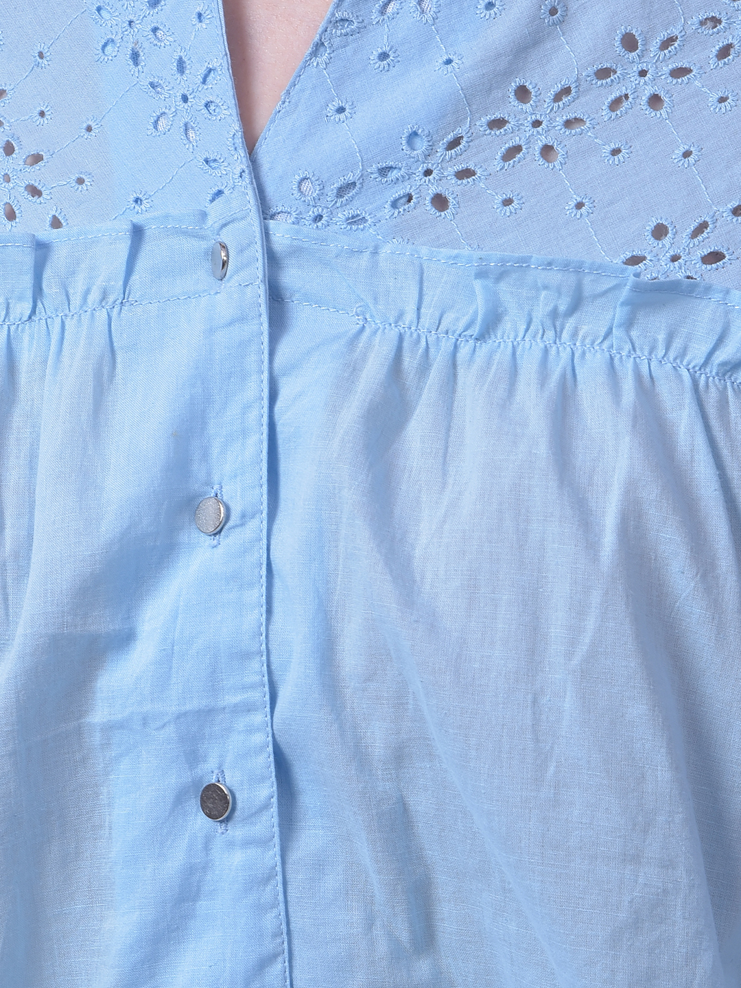 Numero Uno Women Light Blue Eyelet Yoke Cotton Top